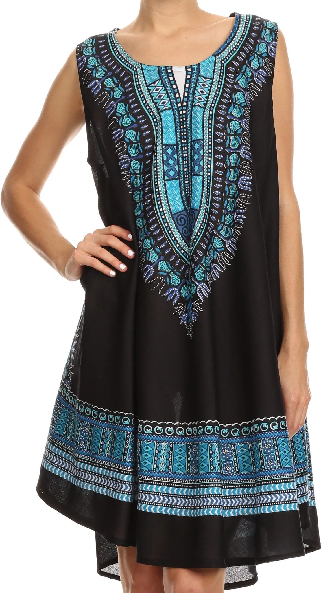 Sakkas Spal Mid Length Scoop Neck Tank Top Printed Batik Caftan Dress / Cover Up