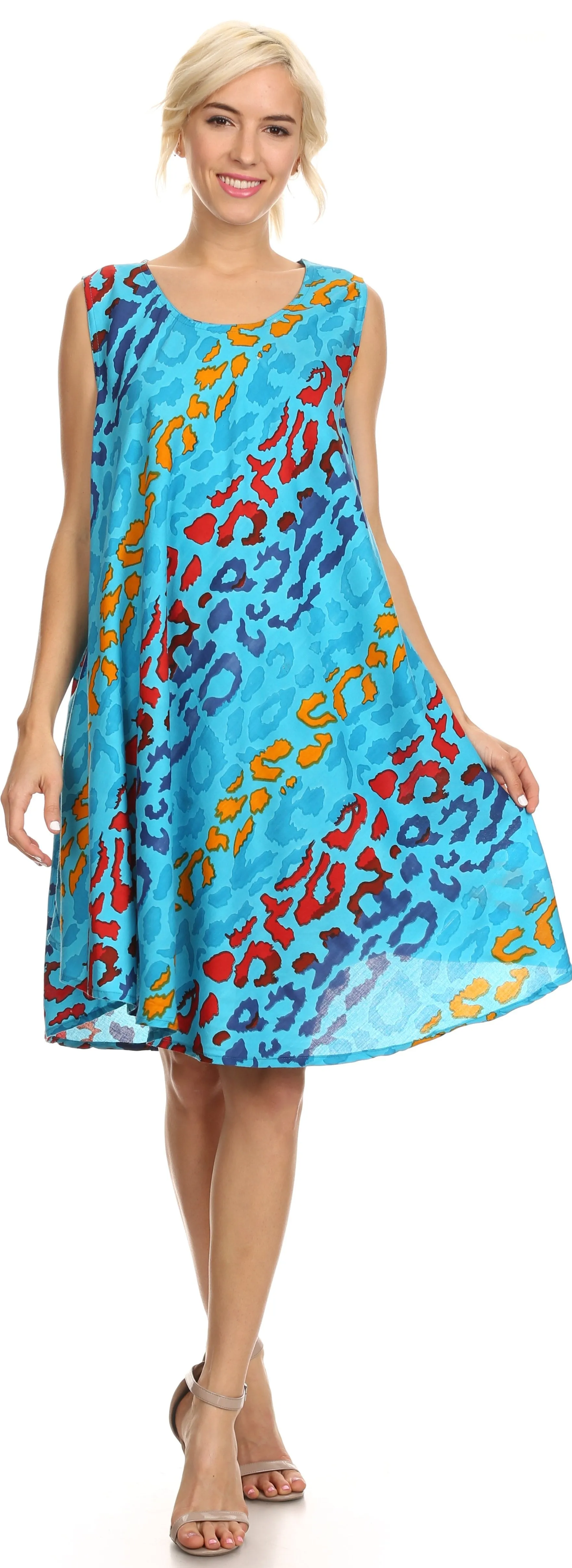 Sakkas Spal Mid Length Scoop Neck Tank Top Printed Batik Caftan Dress / Cover Up