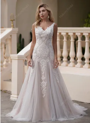 Scalloped Pink Lace V-Neck Godet Mermaid Bridal Gown