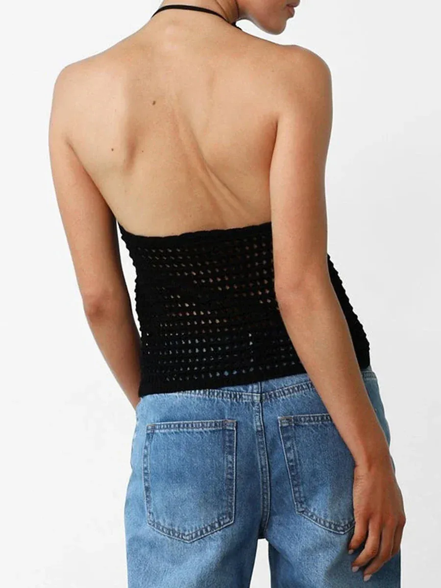 Sexy Hollow Out Knitted Vest Backless Sleeveless Halter Crop Tops Tie-up Tank Women Top