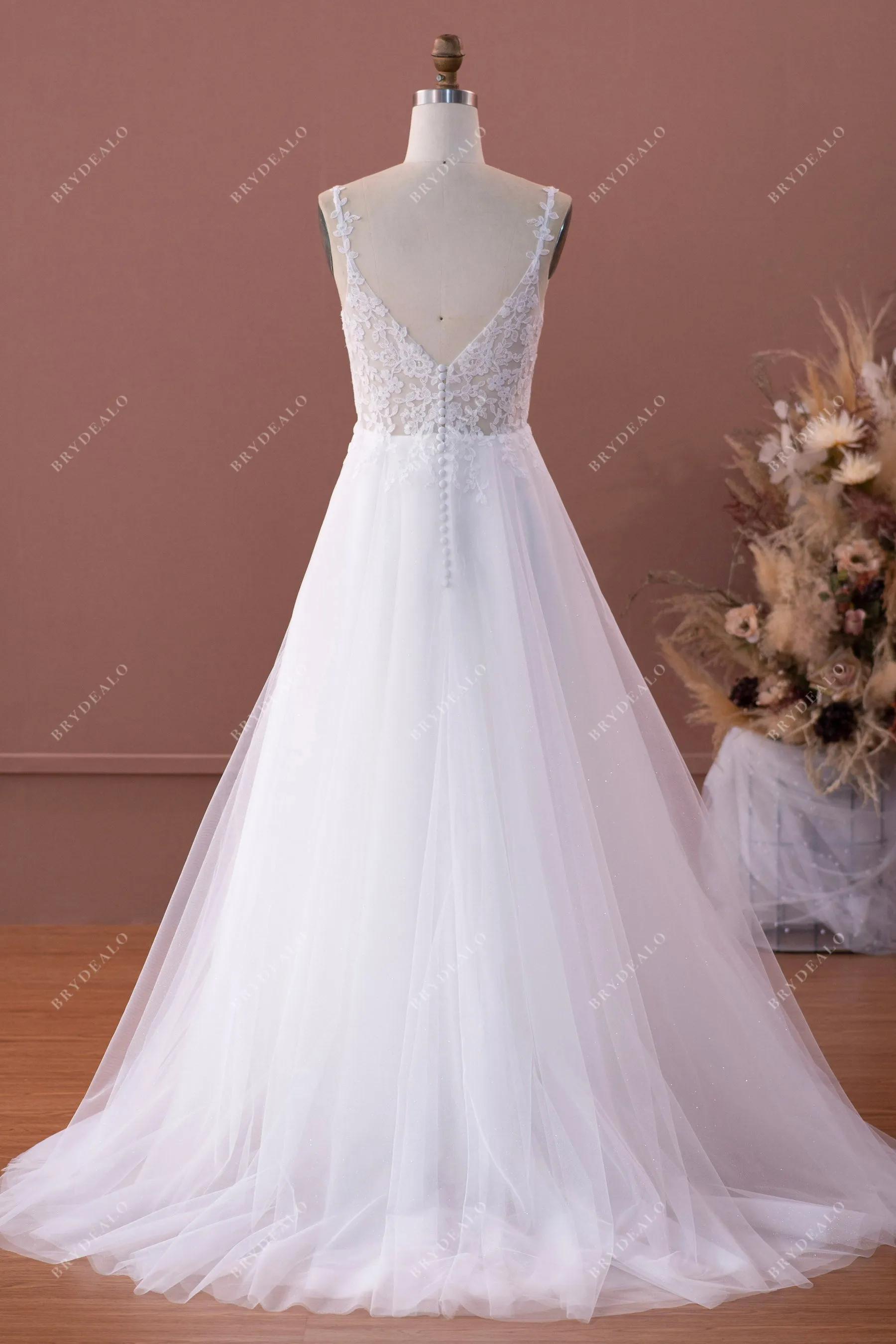 Sexy Plunging Neck High Slit Pockets Lace Wedding Dress