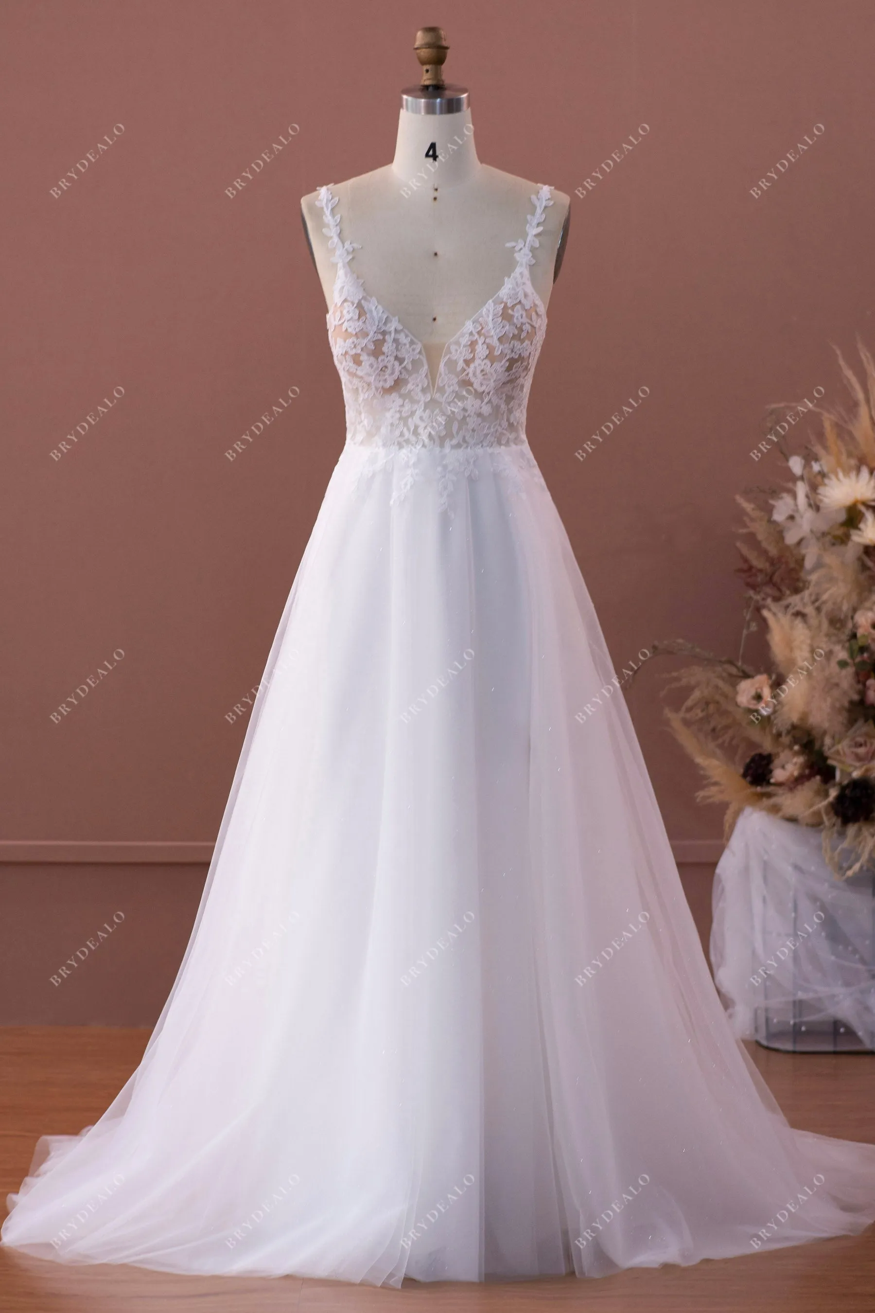 Sexy Plunging Neck High Slit Pockets Lace Wedding Dress