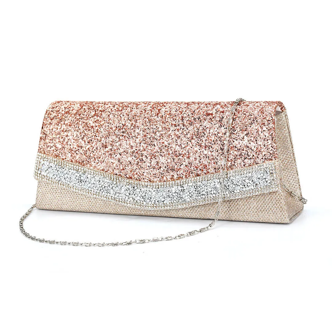 Shimmery Rhinestone Embellished Textured Flap Clutch Evening Bag - Pink