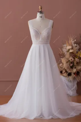 Shimmery Wide Straps Boho Lace Tulle A-line Outdoor Wedding Dress