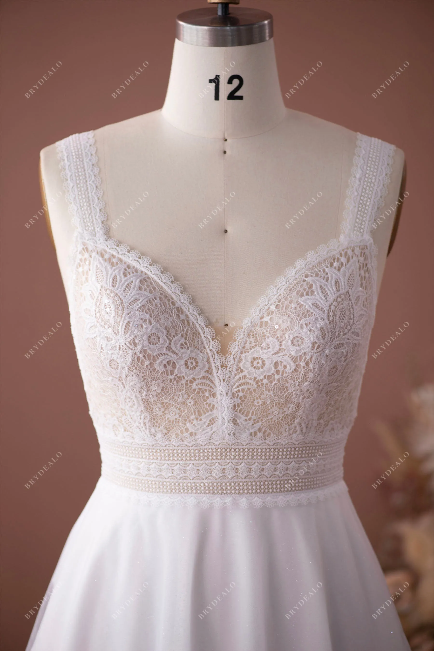 Shimmery Wide Straps Boho Lace Tulle A-line Outdoor Wedding Dress