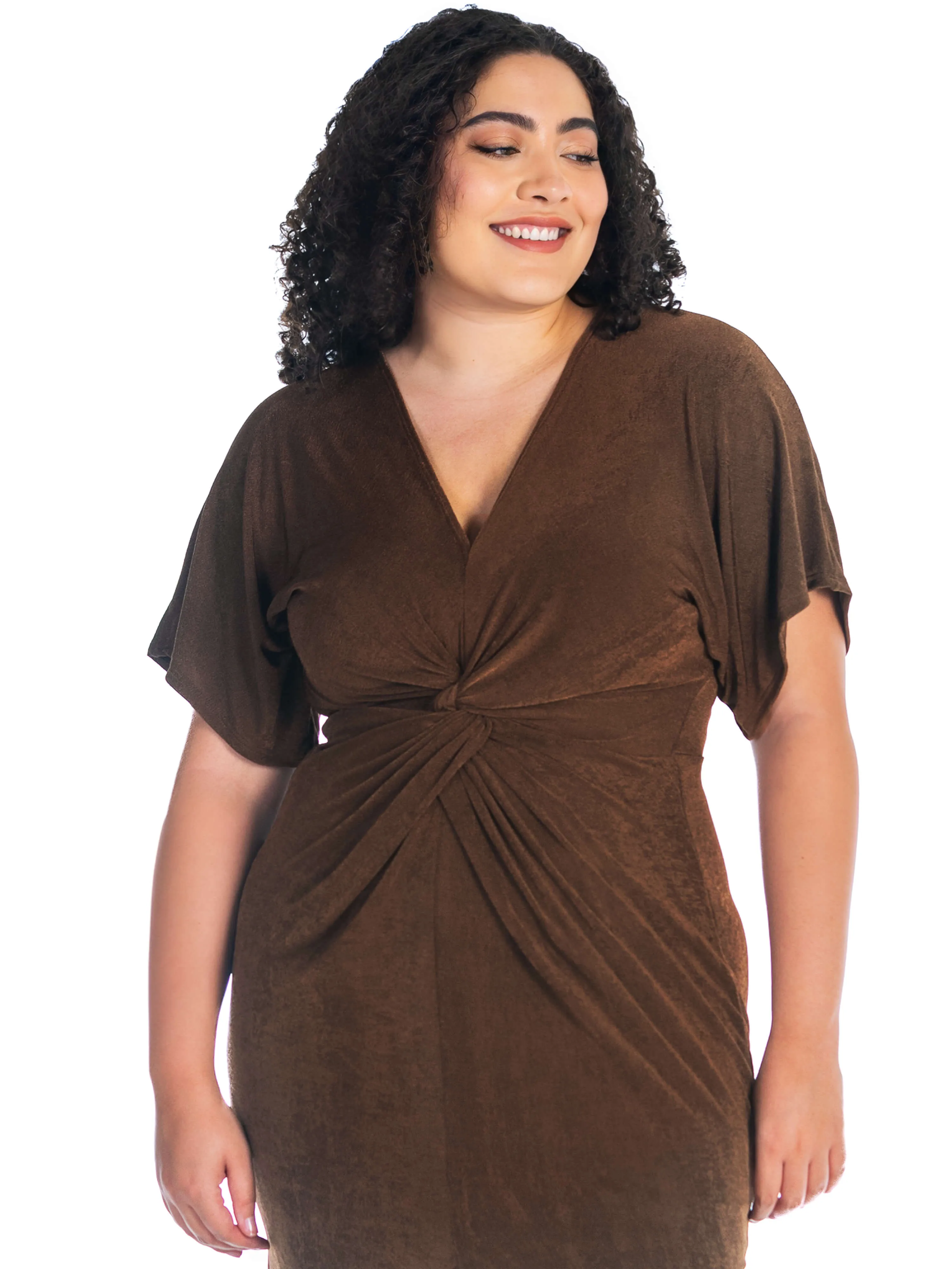 Short Sleeve V Neck Twist Front Split Plus Size Hem Dress