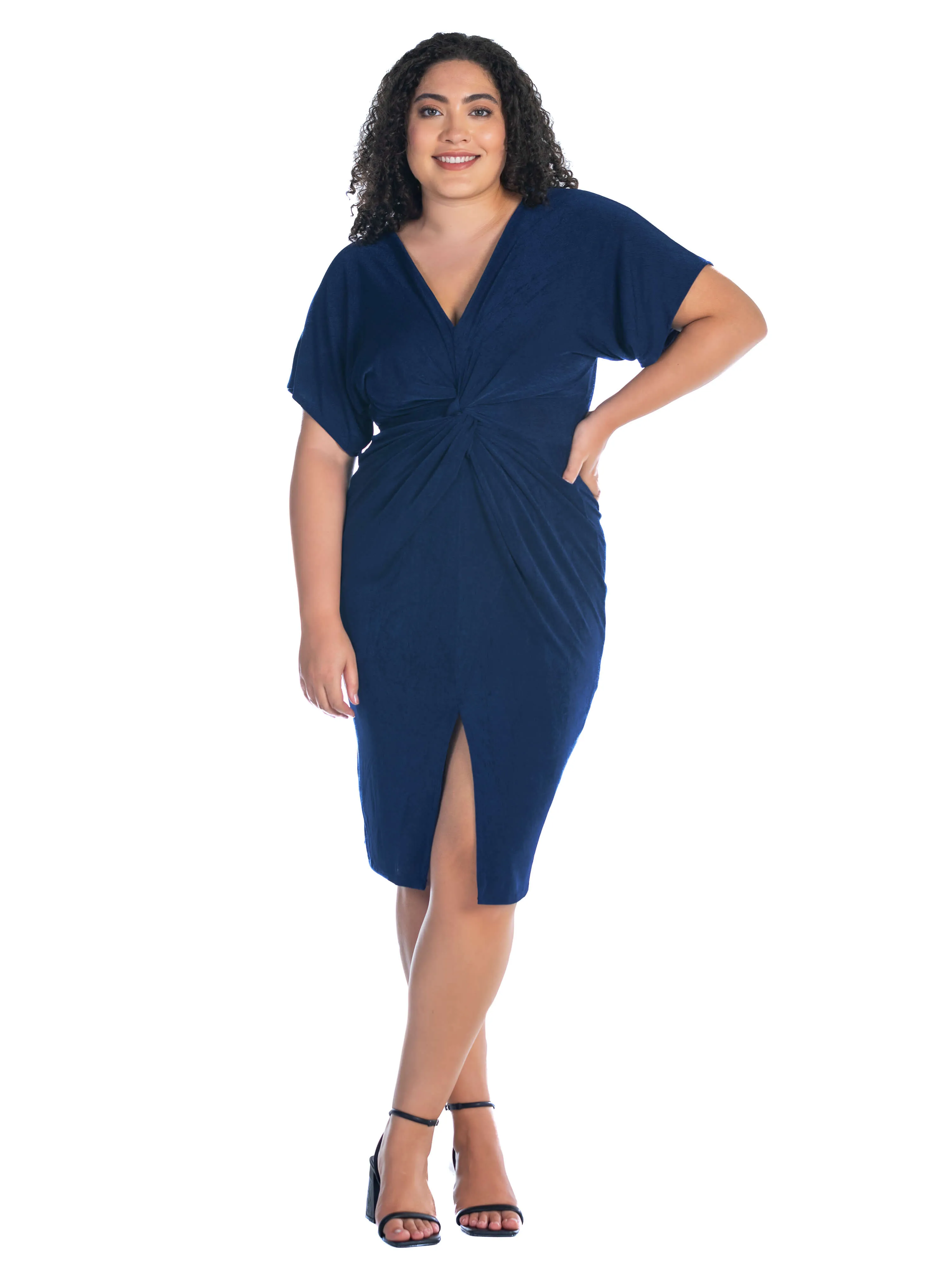 Short Sleeve V Neck Twist Front Split Plus Size Hem Dress