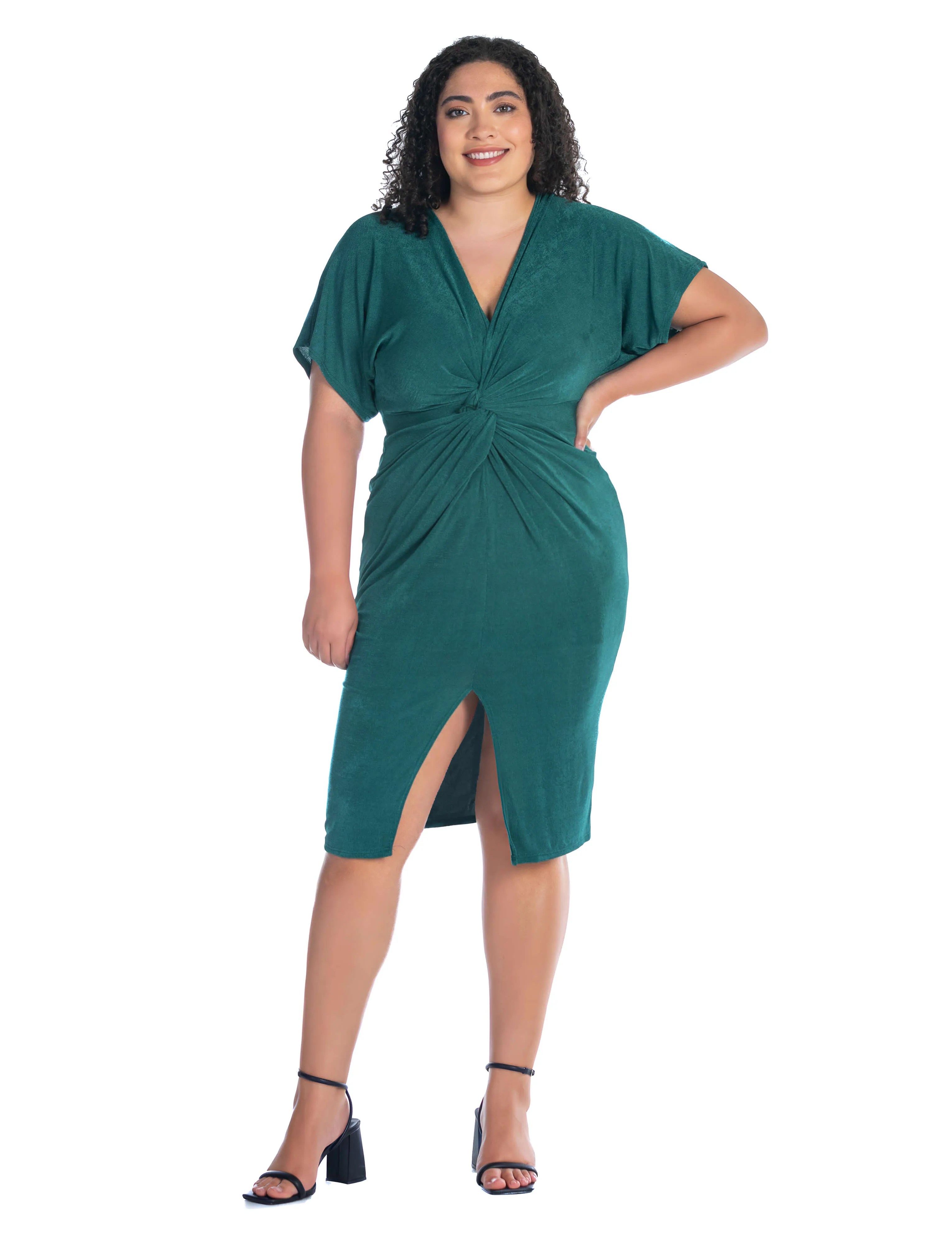 Short Sleeve V Neck Twist Front Split Plus Size Hem Dress