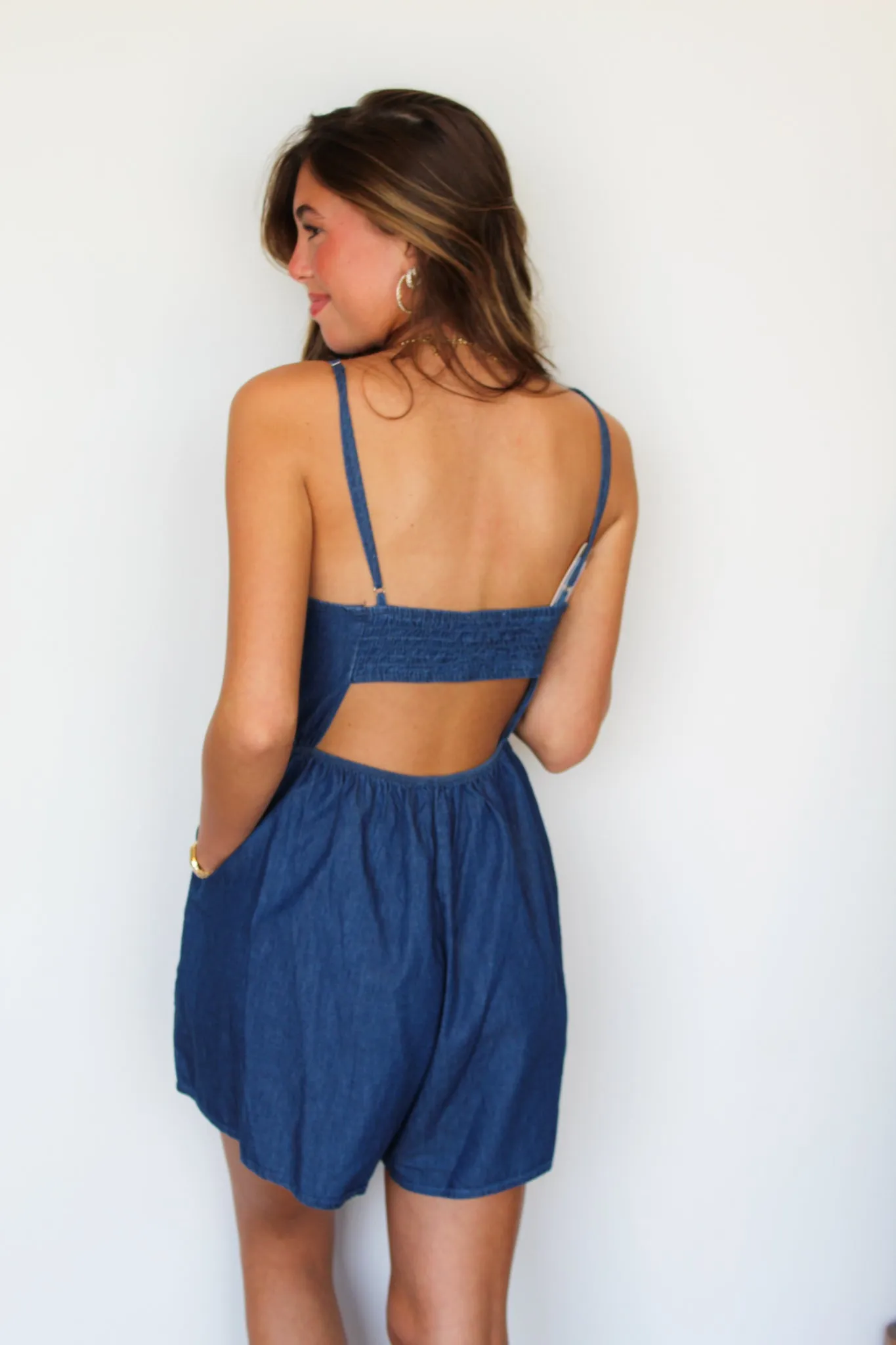 Smocked Denim Romper