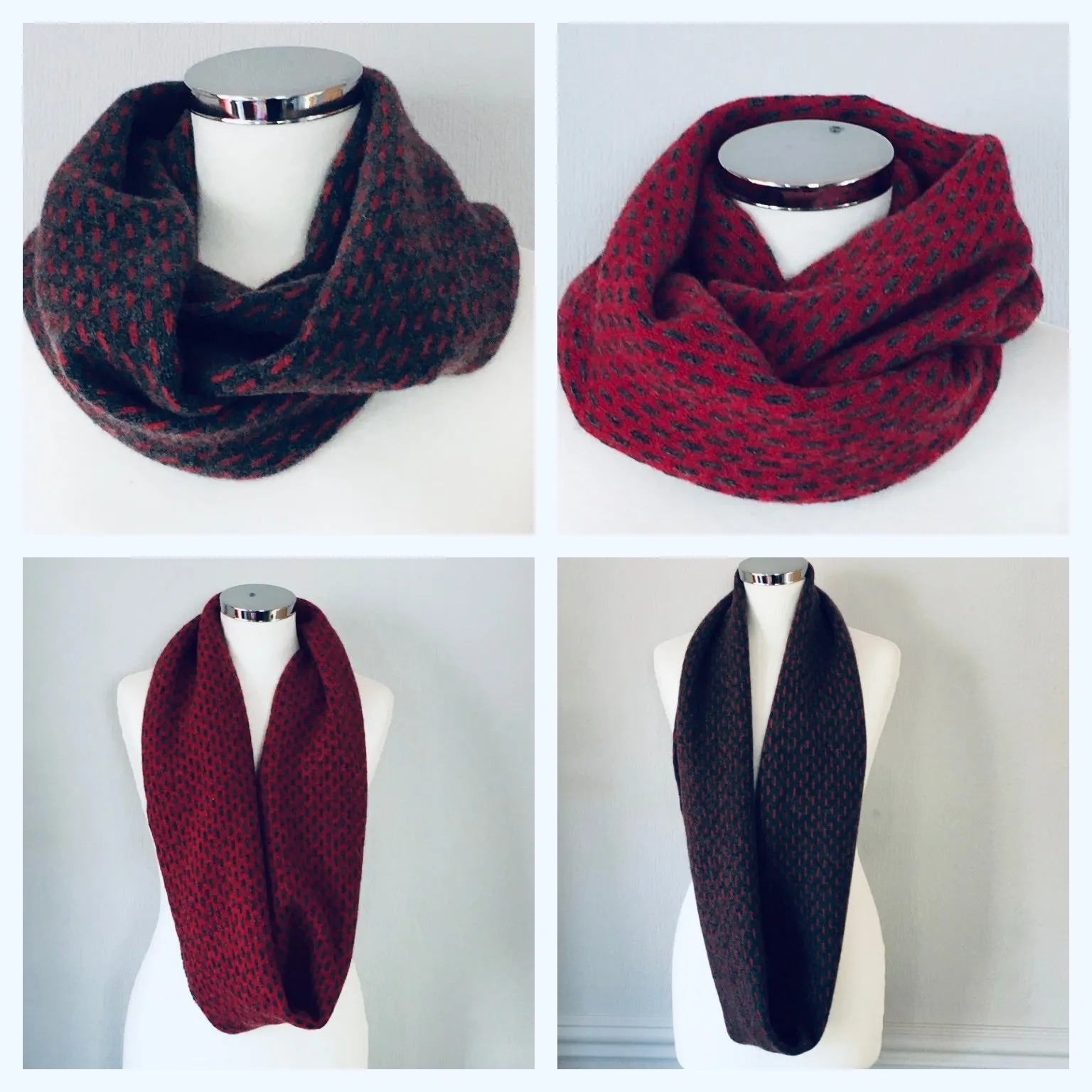 Snood - Infinity Scarf Soft Merino Lambswool Berry Red and Coal Grey Dots