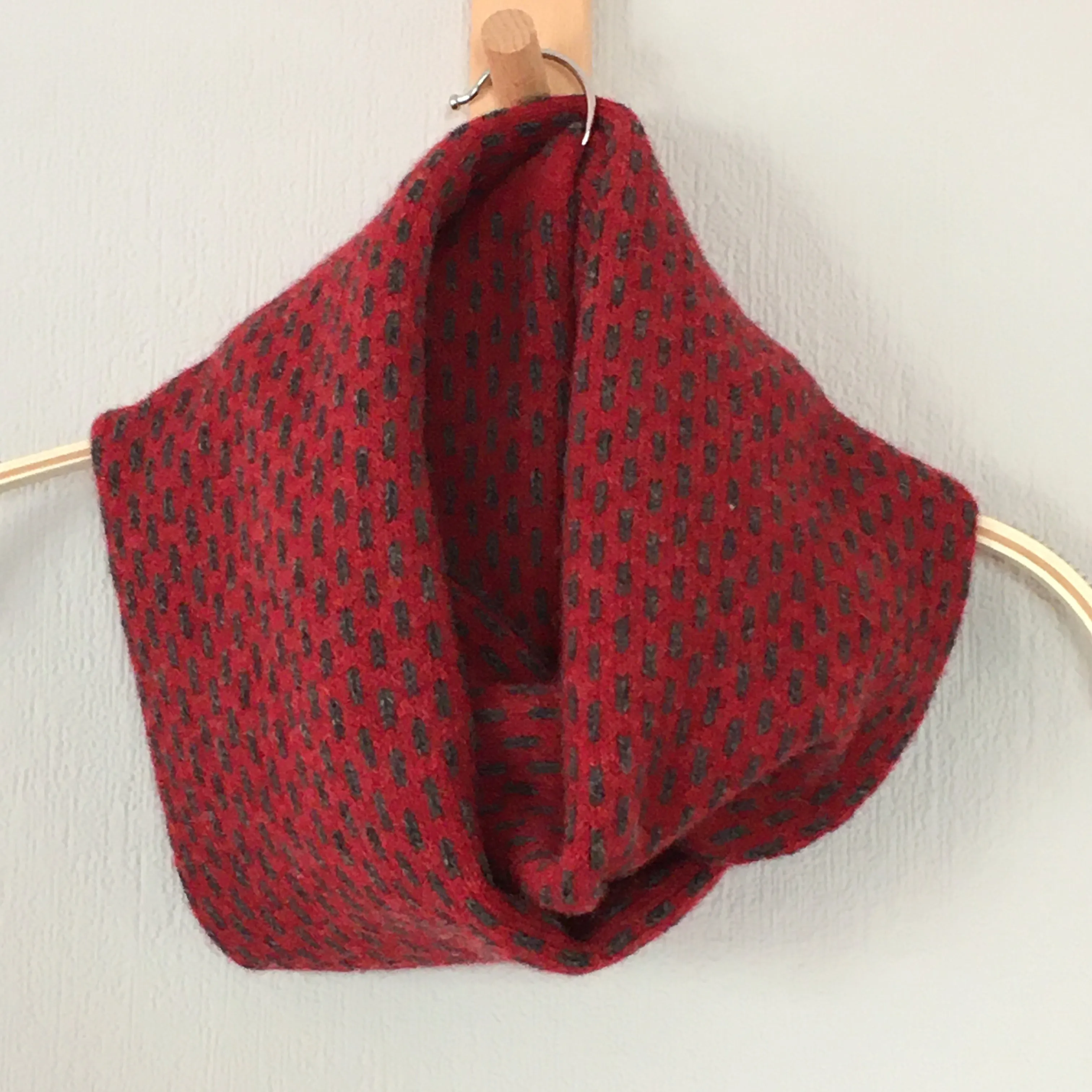 Snood - Infinity Scarf Soft Merino Lambswool Berry Red and Coal Grey Dots