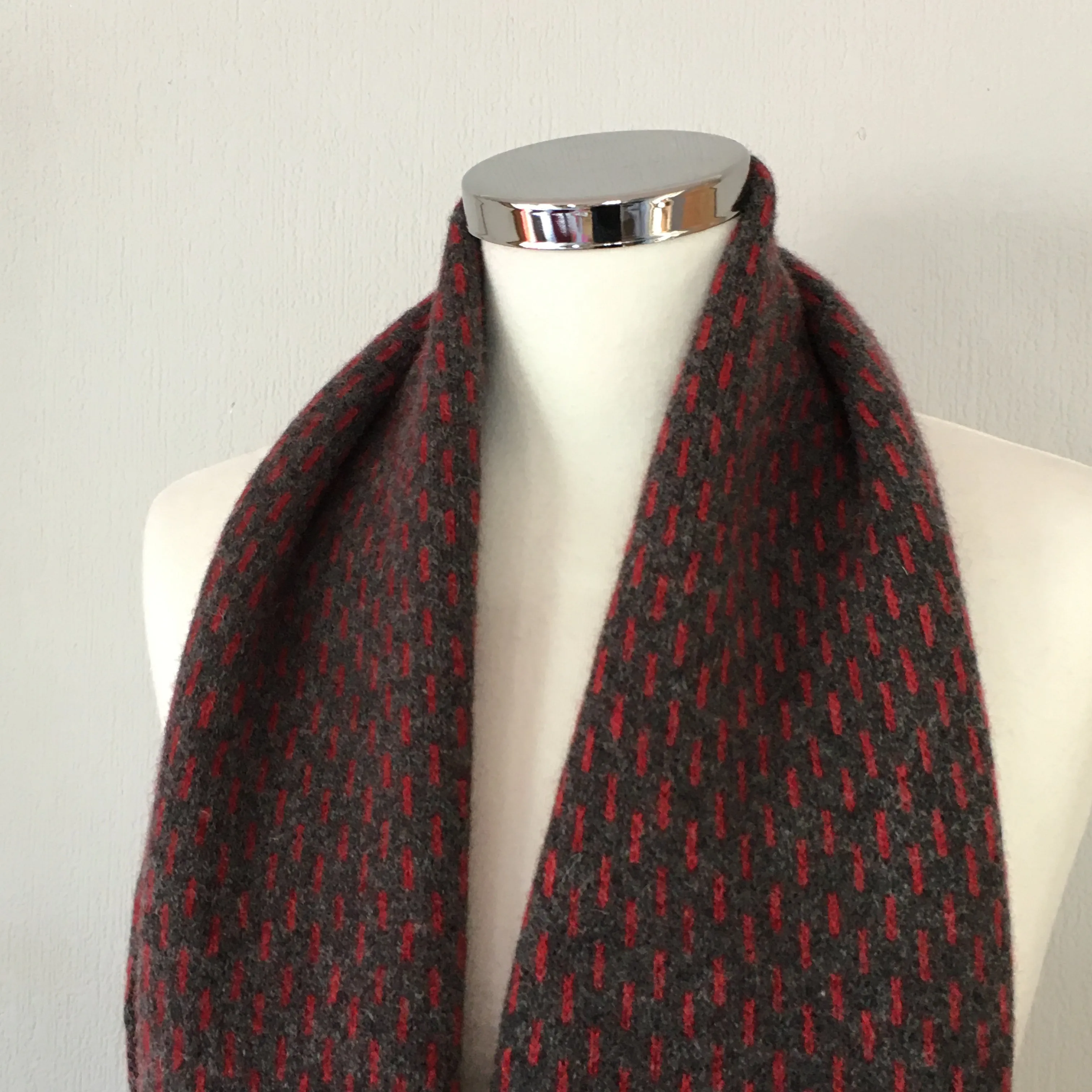 Snood- Infinity Scarf Soft Merino Lambswool Coal Grey and Berry Red Dots