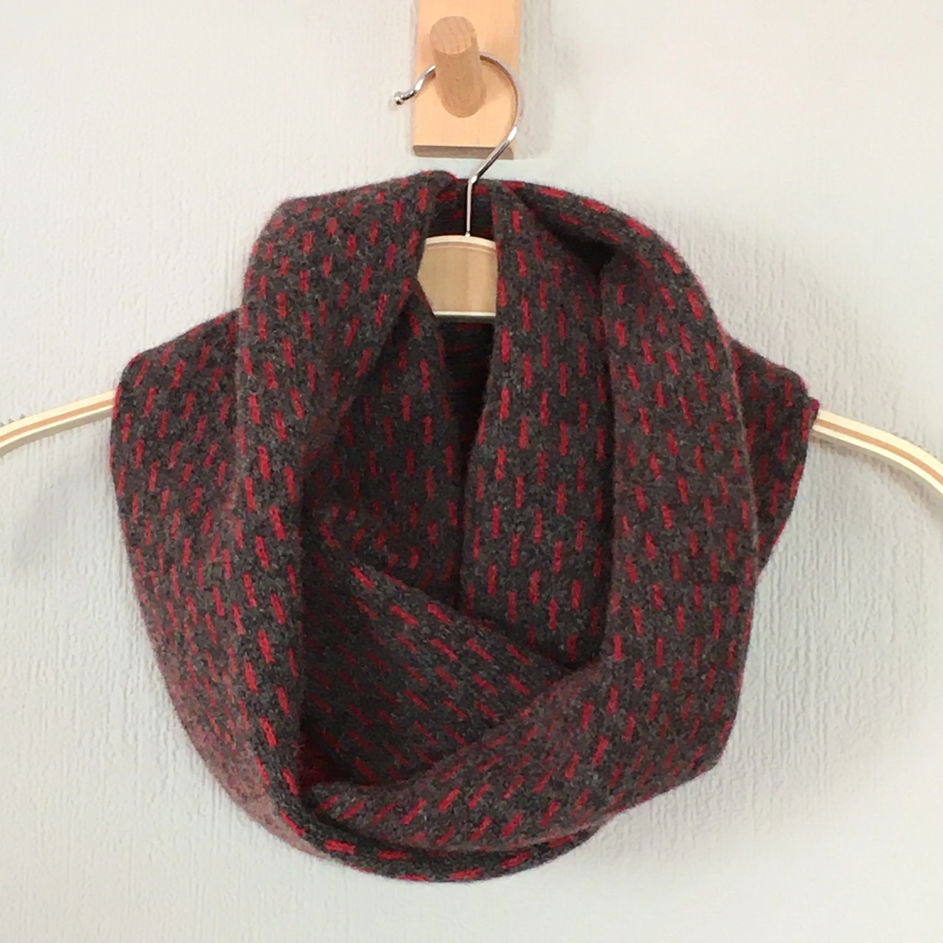 Snood- Infinity Scarf Soft Merino Lambswool Coal Grey and Berry Red Dots