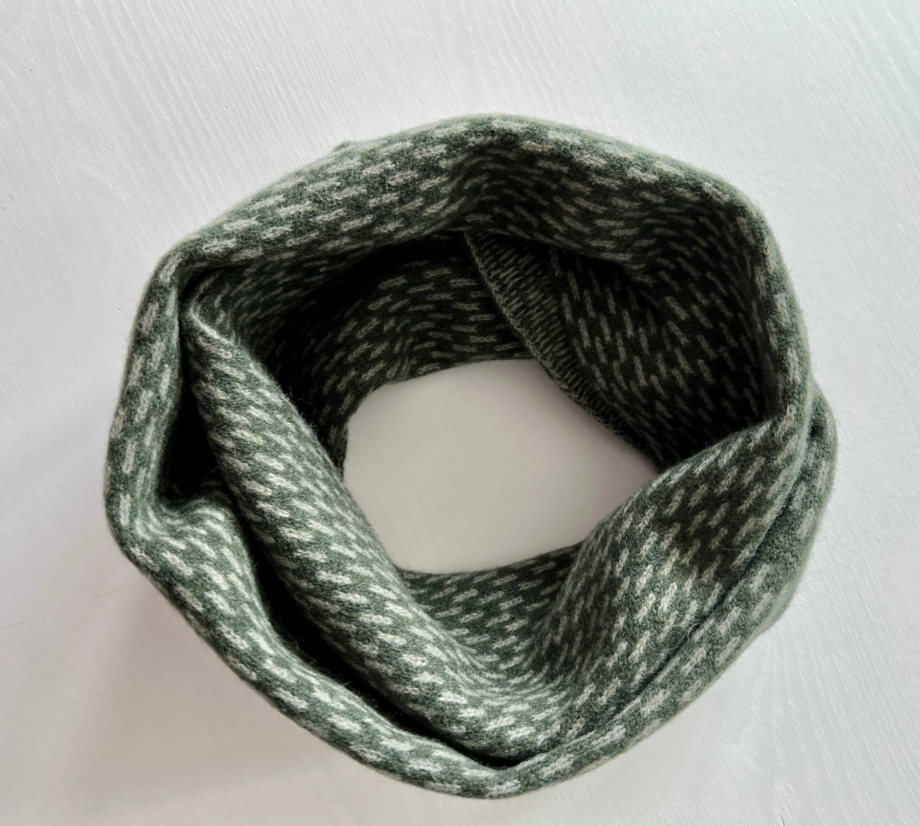 Snood - Infinity scarf soft merino lambswool rosemary green with orchard green dots