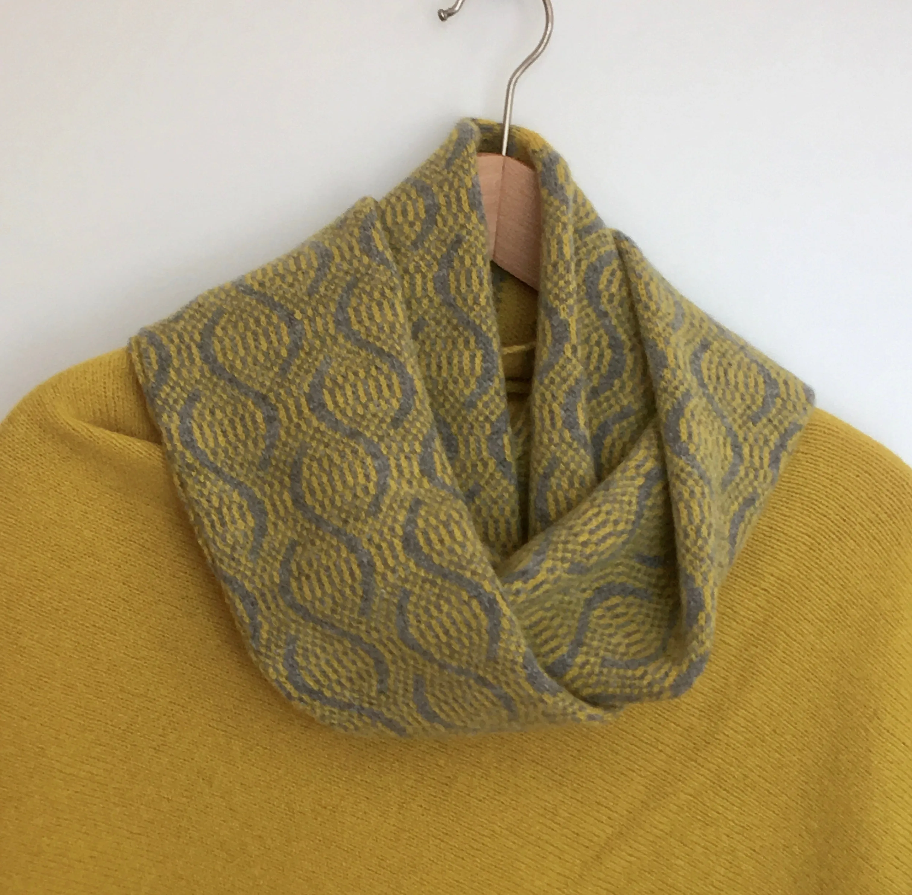 Snood - Infinity Scarf Soft Merino Lambswool Weave Pattern Uniform Grey and Piccalilli Yellow