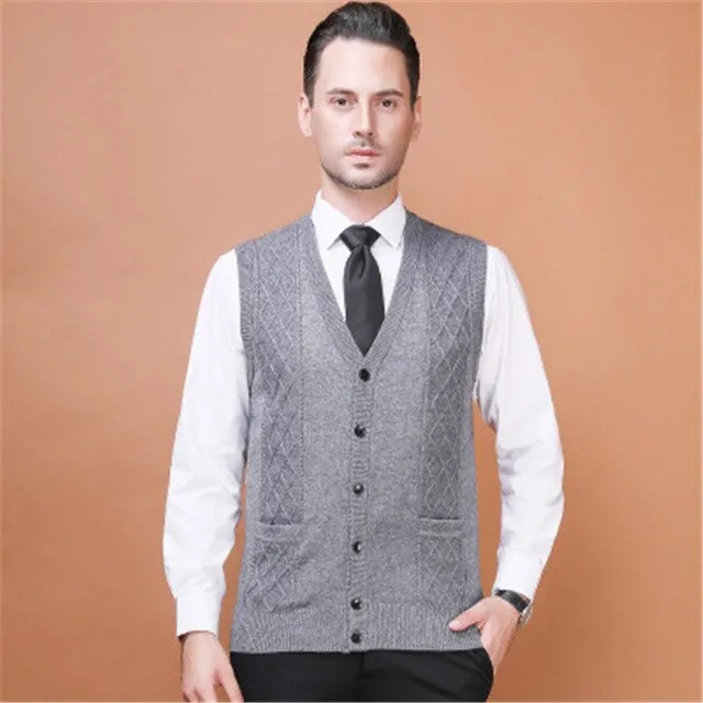 Soft Wool Mens Sleeveless Sweaters High Quality Fashion Pure Colors Mens V Neck Sweater Brand Clothes Slim fit Male Vest Sweater