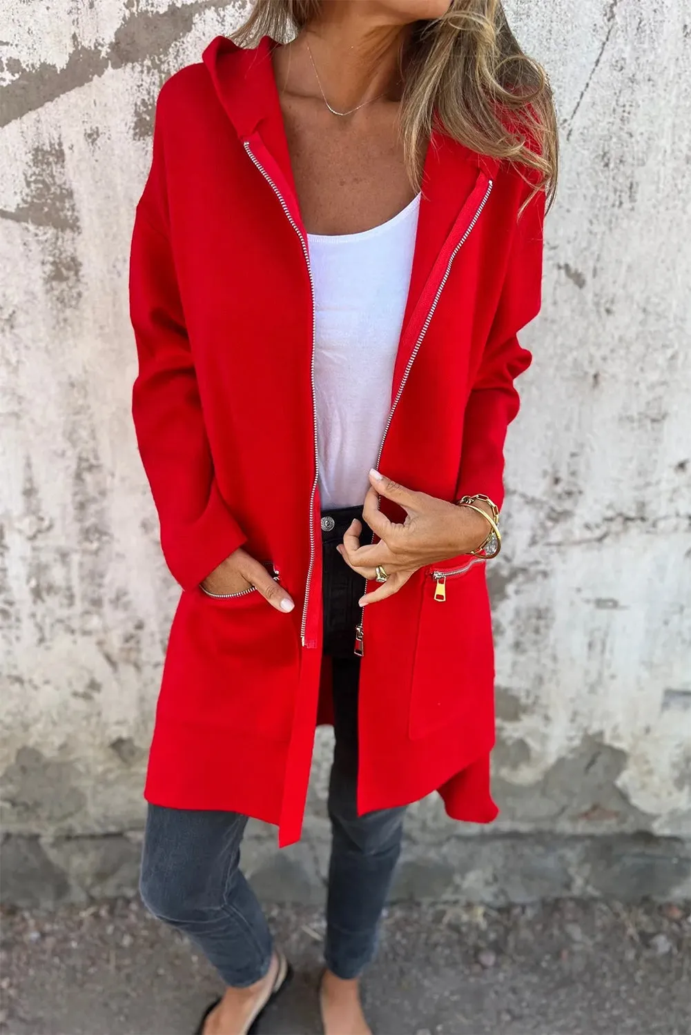 Solid Zip Up Hooded Coat