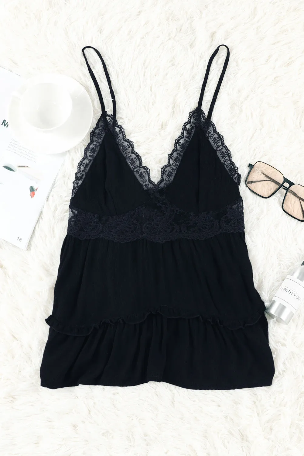 Spaghetti Strap Knotted Frill Crochet Lace Cami Top