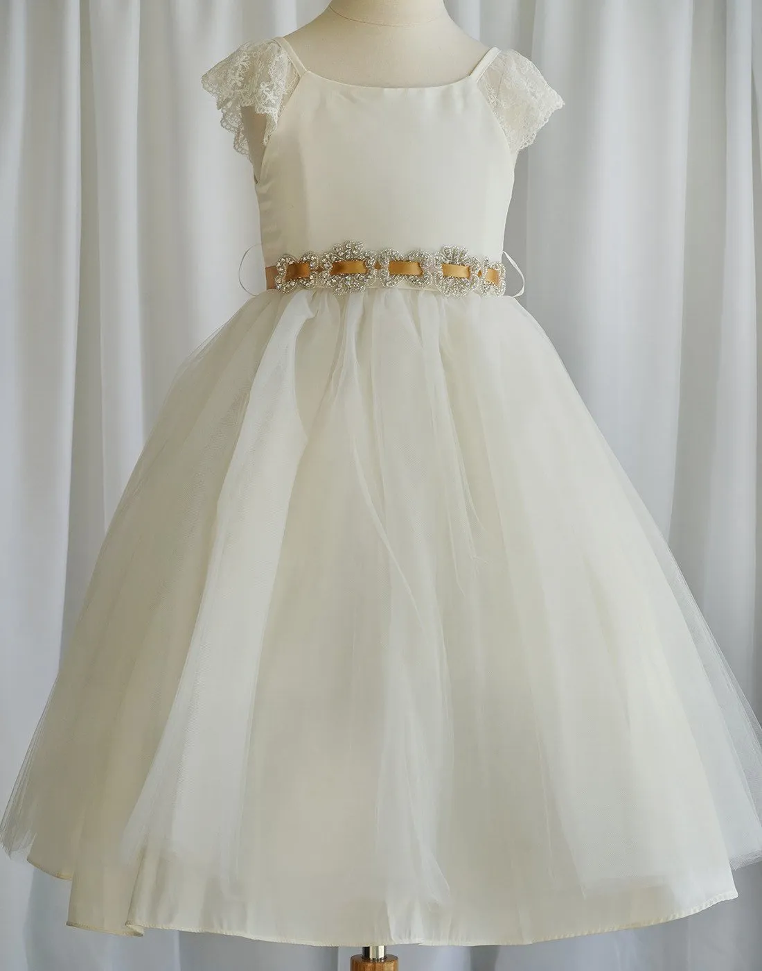 Sparkly Taffeta Bodice and Organza Overlay Skirt Dress - Ivory