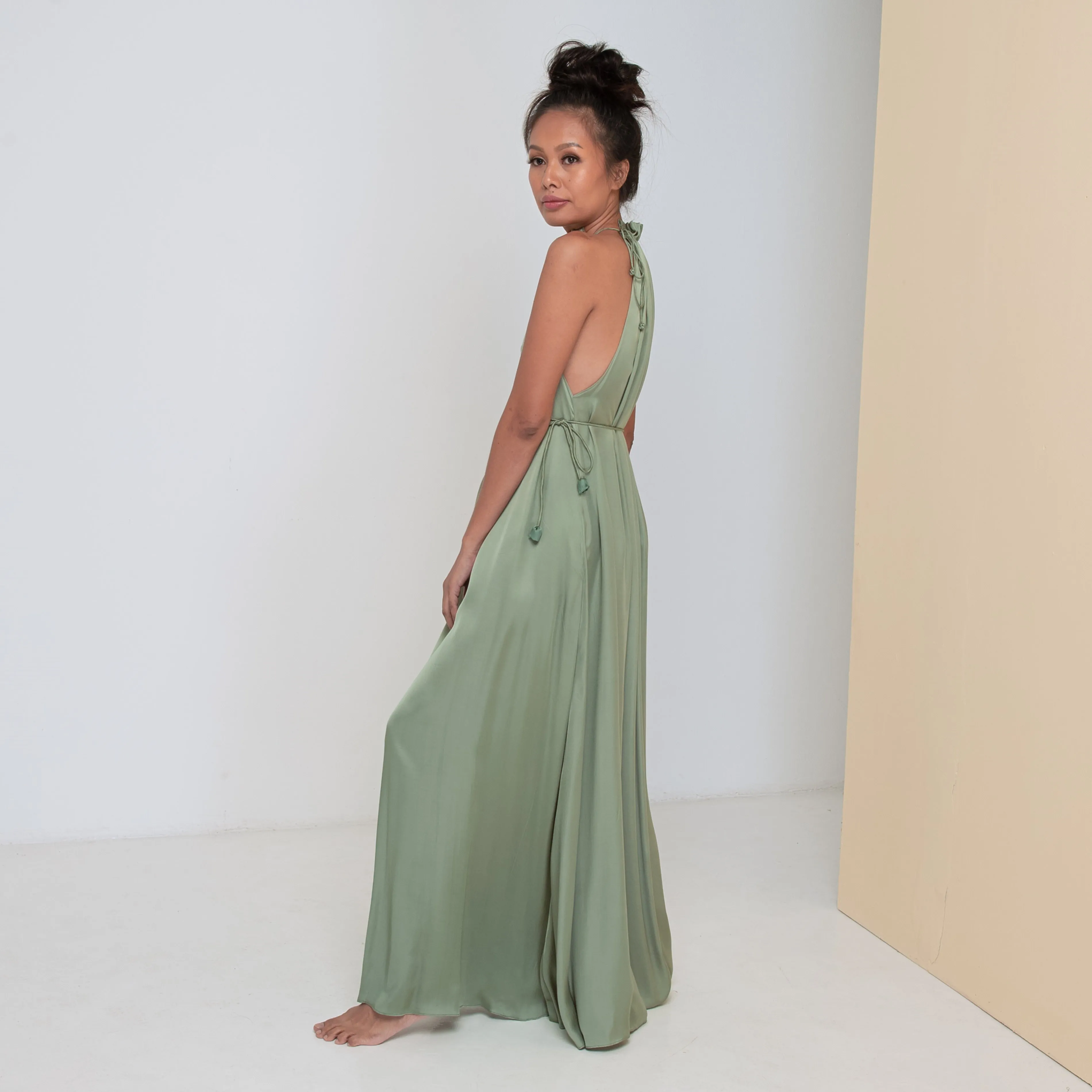 STREAM LONG HALTER DRESS - Rayon Viscose Satin | Light Olive Green