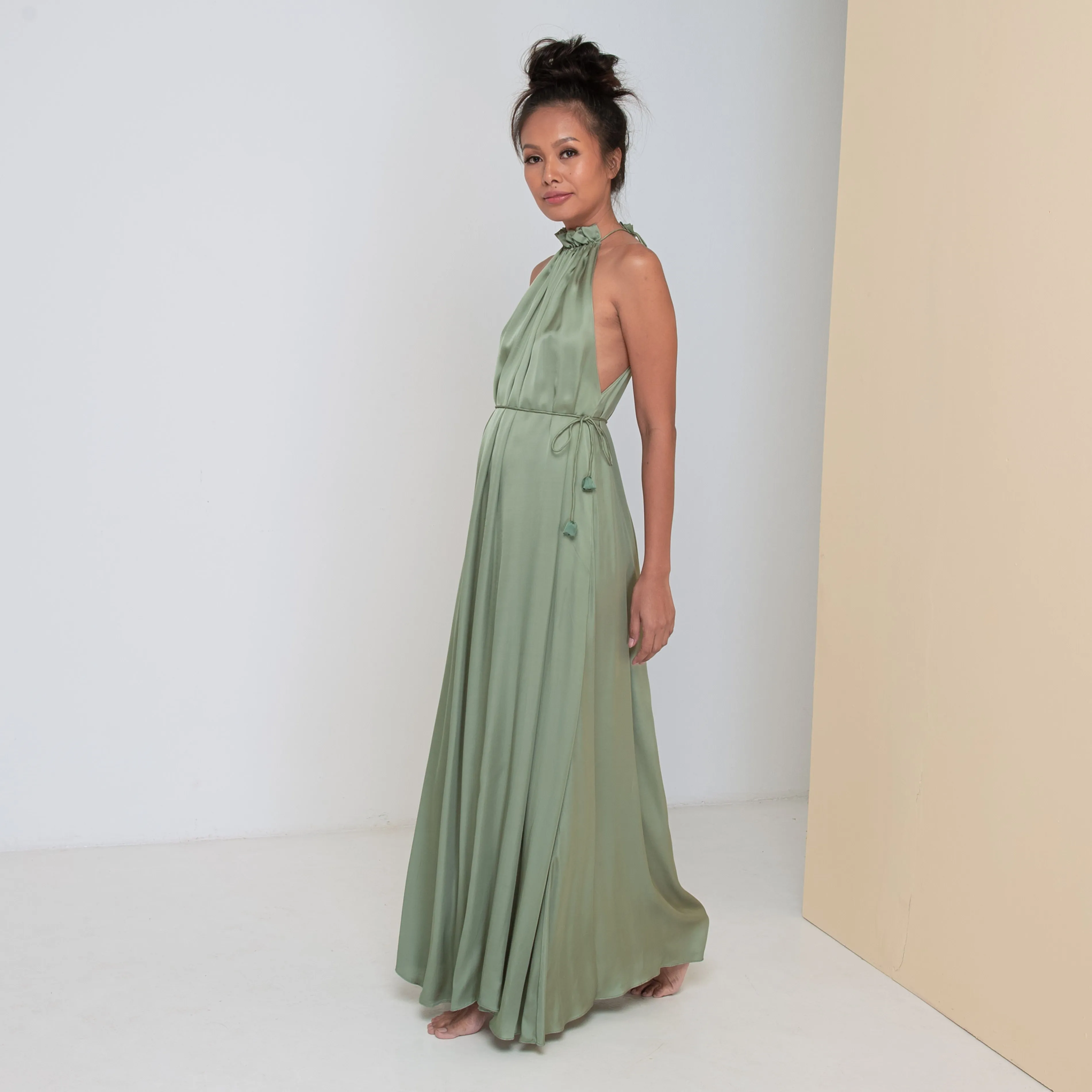 STREAM LONG HALTER DRESS - Rayon Viscose Satin | Light Olive Green