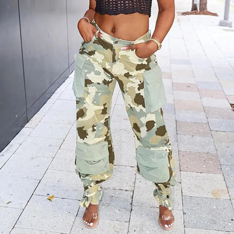 Streetwear Camouflage Cargo Pants Women Big Pockets Straight Baggy Sweatpants Harajuku Retro Trousers Contrast Color