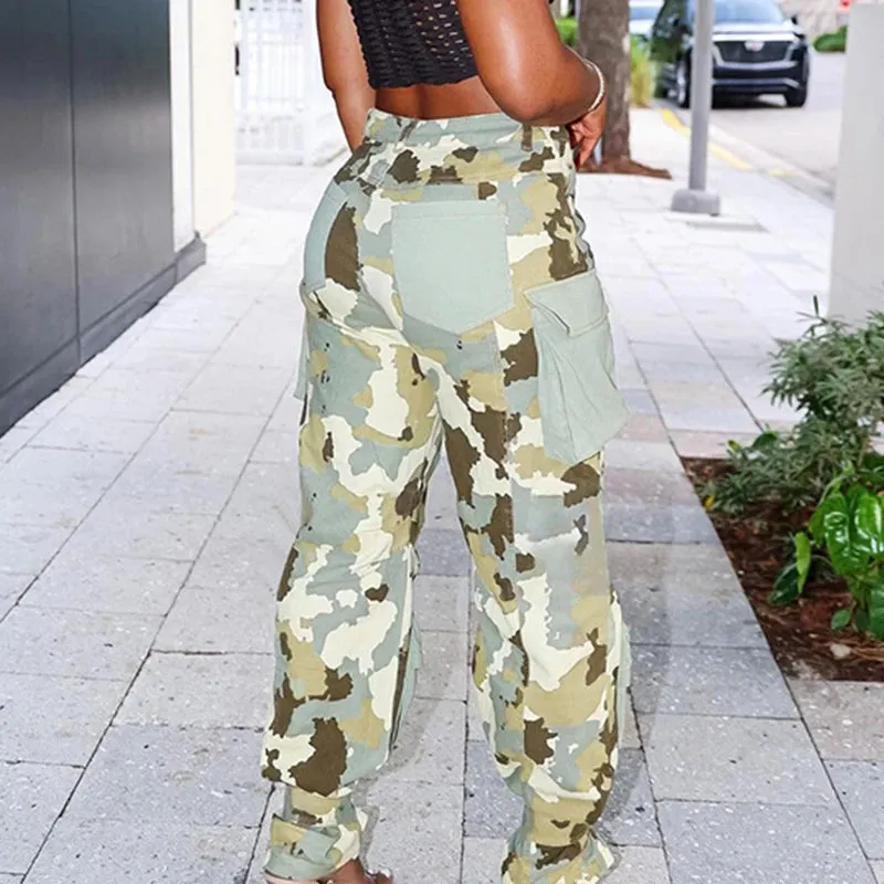 Streetwear Camouflage Cargo Pants Women Big Pockets Straight Baggy Sweatpants Harajuku Retro Trousers Contrast Color