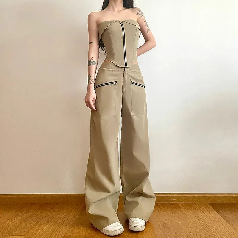 Streetwear Zipper Straight Leg Female Trousers Solid Harajuku Retro Solid Baggy Suit Pants Low Waist Sweatpants