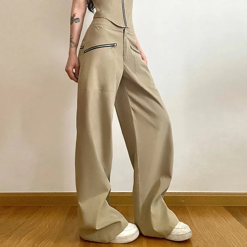 Streetwear Zipper Straight Leg Female Trousers Solid Harajuku Retro Solid Baggy Suit Pants Low Waist Sweatpants