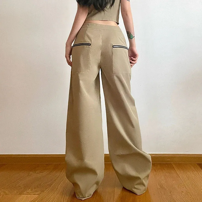 Streetwear Zipper Straight Leg Female Trousers Solid Harajuku Retro Solid Baggy Suit Pants Low Waist Sweatpants