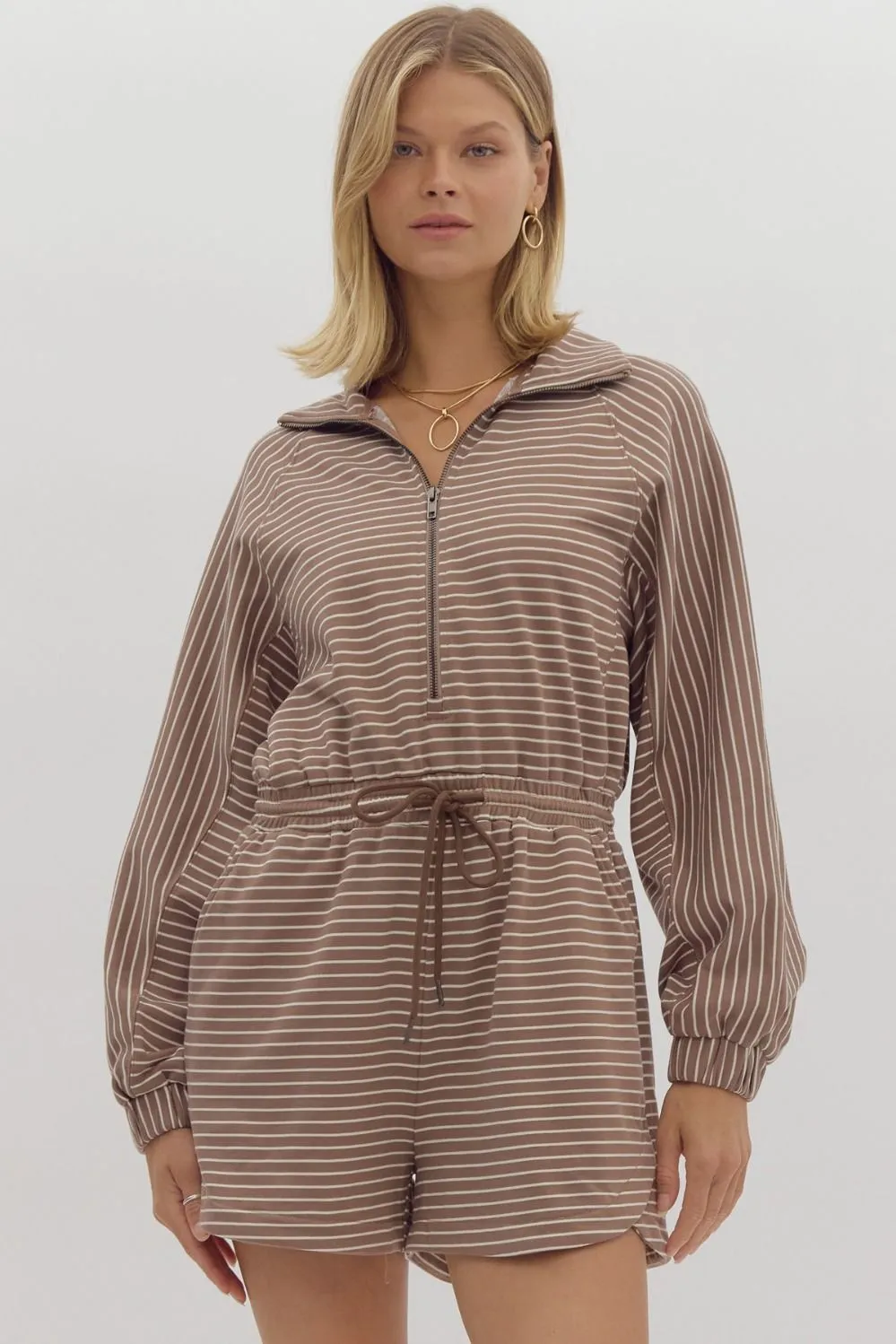 Stripe Long Sleeve Romper - Mocha