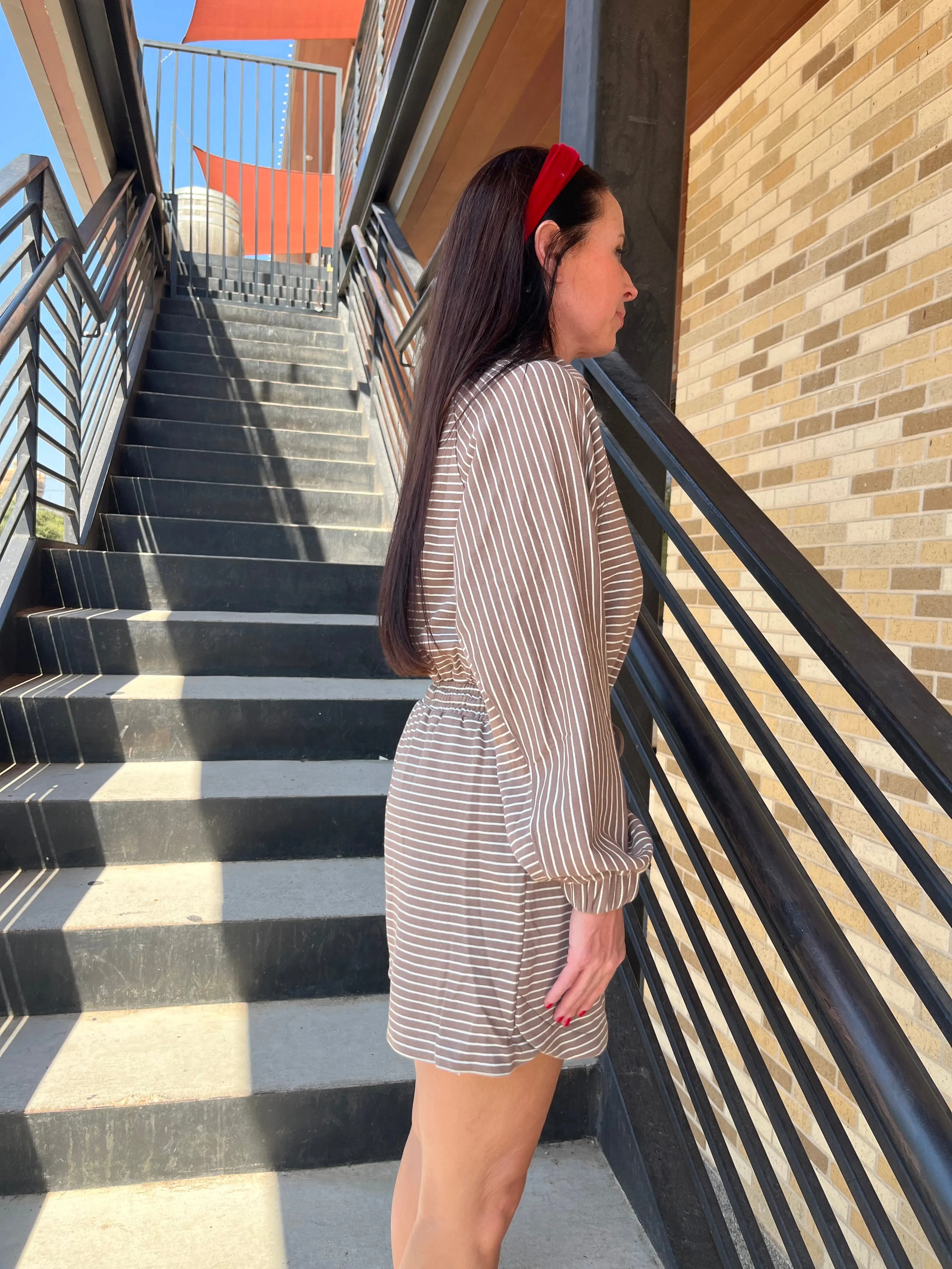 Stripe Long Sleeve Romper - Mocha