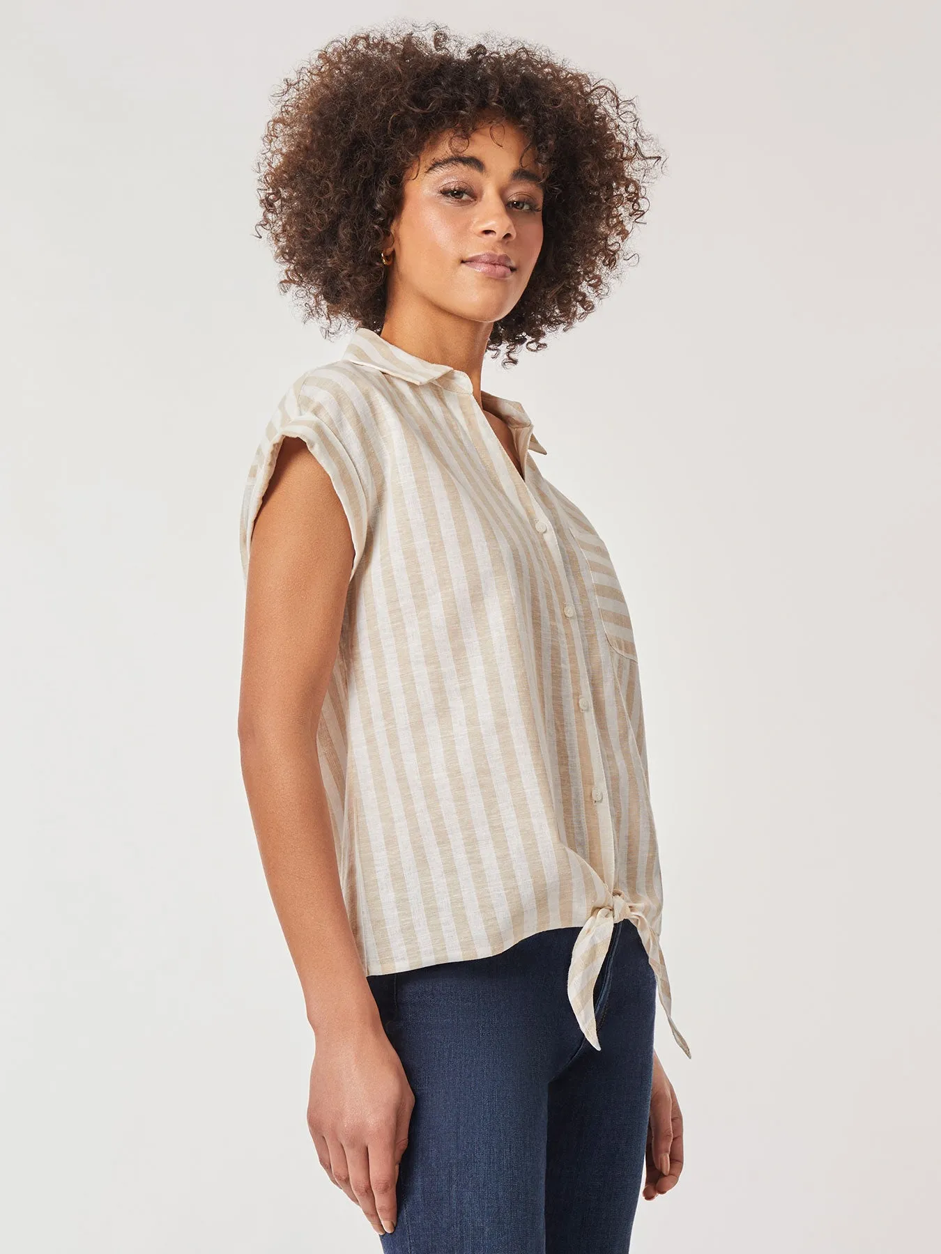 Striped Tie-Front Button-Down Blouse