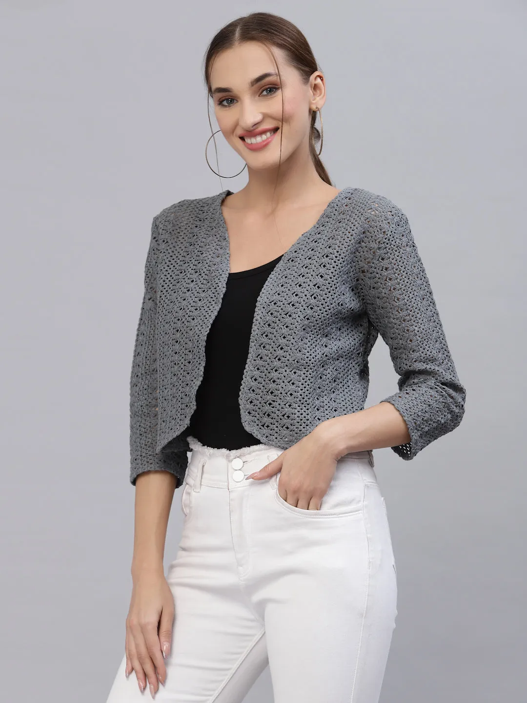 Style Quotient Women Grey cotton self design lace crop open front shrug