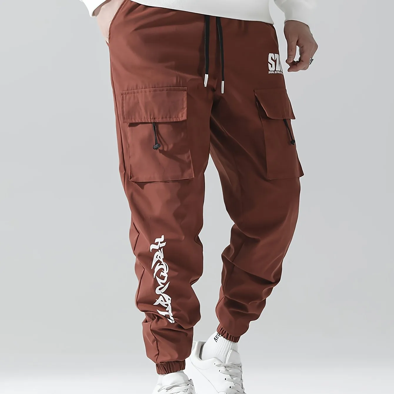 Stylish Letter Print Drawstring Cargo Pants - Men's Trendy Jogger Pants with Flap Pocket for Camping, Winter, Spring, and Fall - Loose Fit, Comfortable, Versatile, and Practical Clothing for Outdoor Enthusiasts