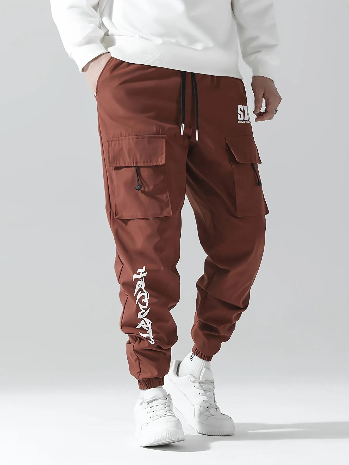 Stylish Letter Print Drawstring Cargo Pants - Men's Trendy Jogger Pants with Flap Pocket for Camping, Winter, Spring, and Fall - Loose Fit, Comfortable, Versatile, and Practical Clothing for Outdoor Enthusiasts