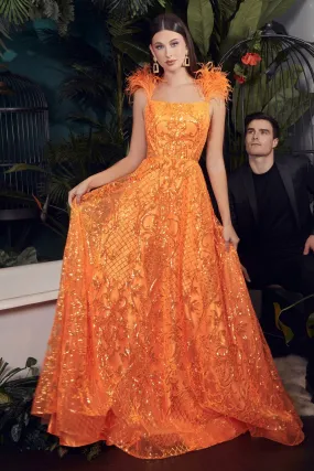 Suni Ball Gown with Feather Prom Dress 7401076TKR-NeonOrange LaDivine KV1076 Cinderella Divine KV1076 Andrea & Leo KV1076