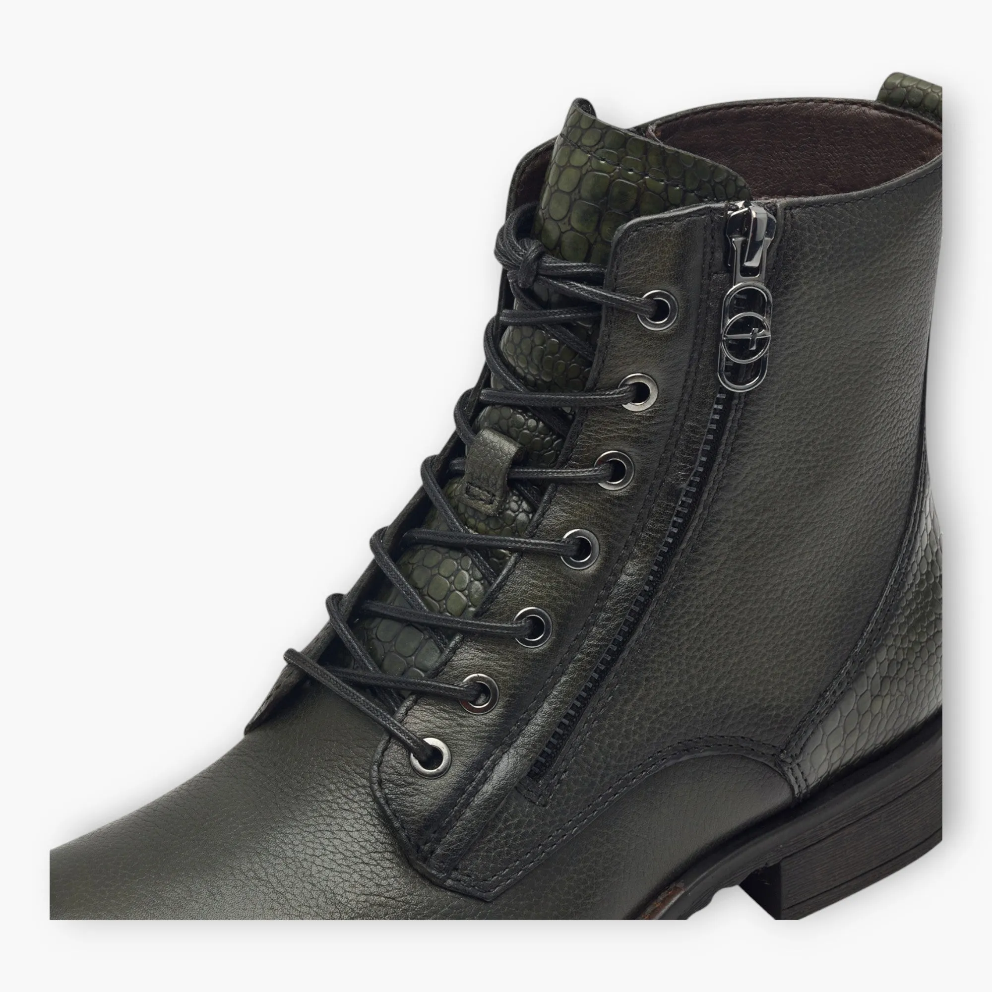 Tamaris Olive Lace-Up Boots with Side Zip and Block Heel