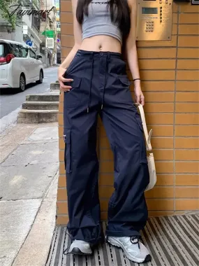 TAVIMART Korean Style Cargo Pants Women Y2K Vintage Drawstring Navy Blue Trousers Oversized Streetwear Retro Wide Leg Sweatpants