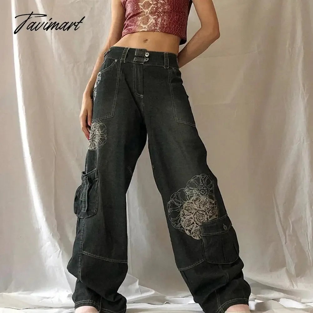 Tavimart Retro Graphic Print Y2K Baggy Jeans Grunge High Waist Cargo Denim Trousers Streetwear Casual Sweatpants Pantalon Pour Femme