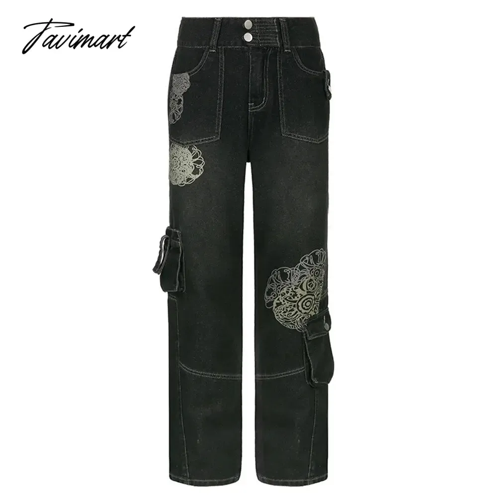 Tavimart Retro Graphic Print Y2K Baggy Jeans Grunge High Waist Cargo Denim Trousers Streetwear Casual Sweatpants Pantalon Pour Femme