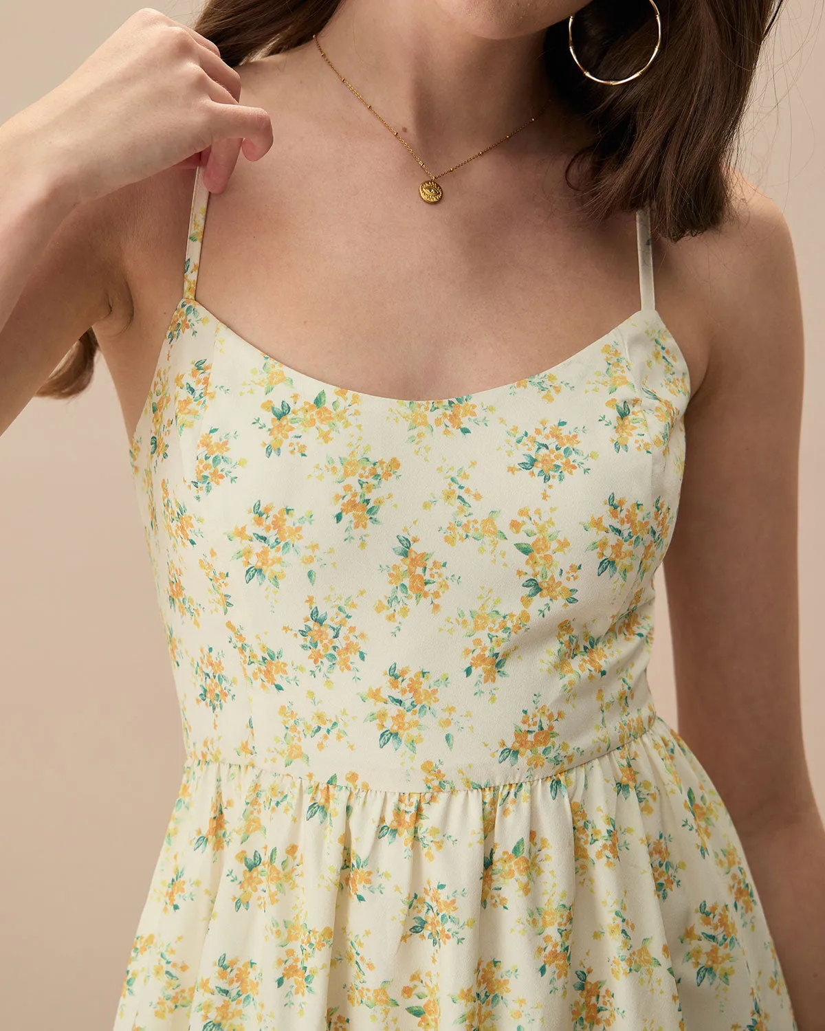 The Yellow Ruched Floral Slip Midi Dress