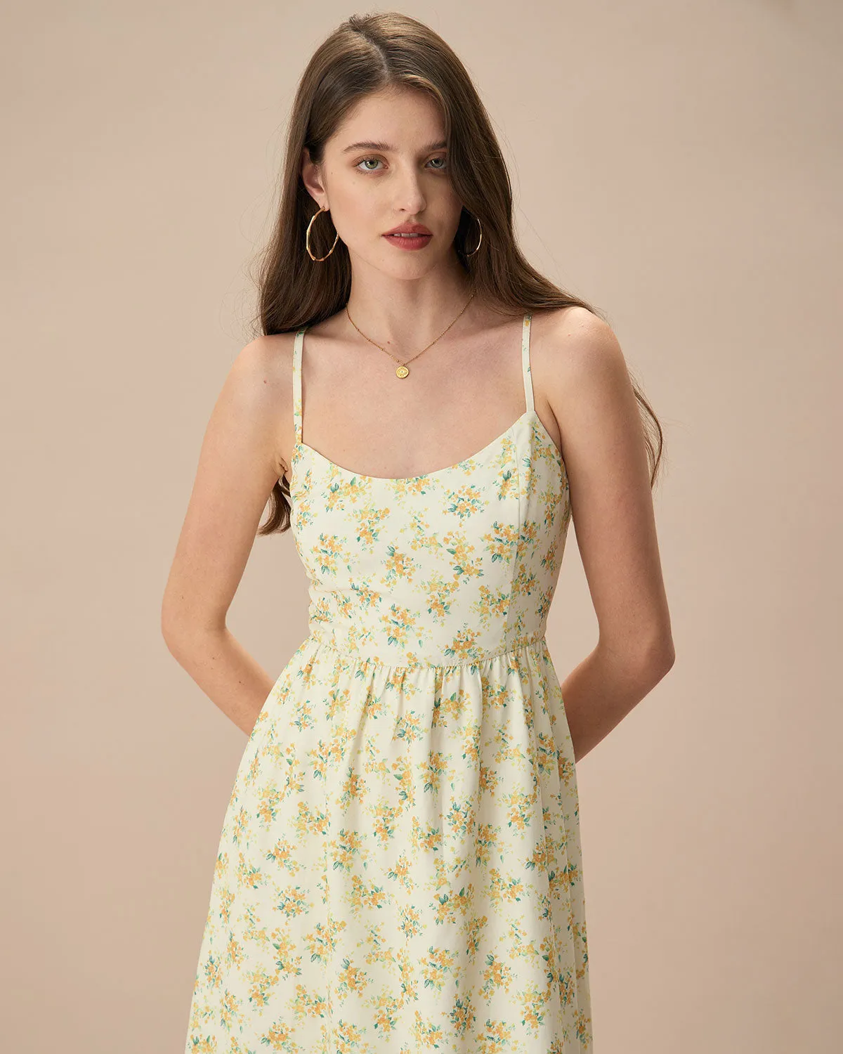 The Yellow Ruched Floral Slip Midi Dress