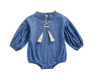 Trixie Denim Tassel Romper - Newborn to 18 months