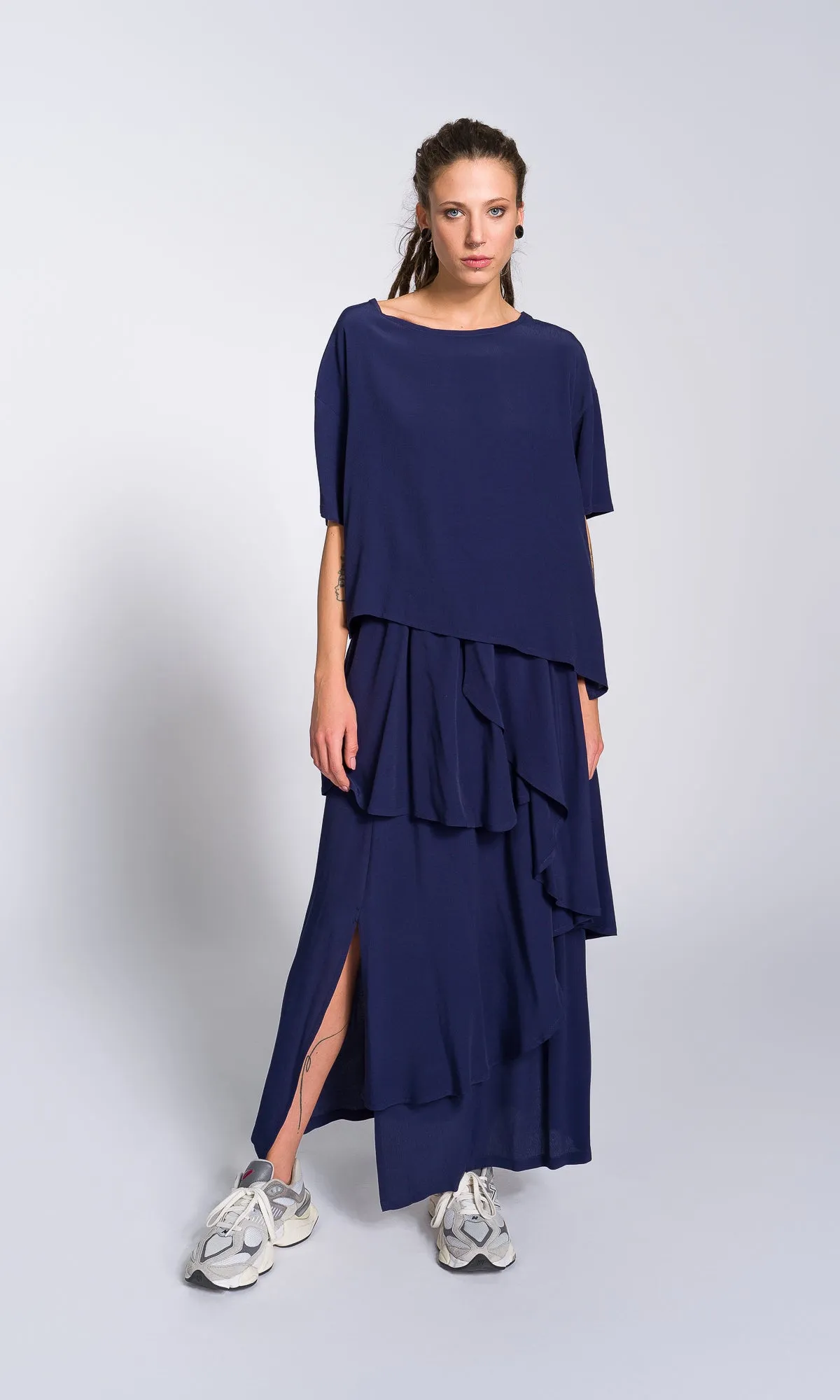 Two-piece Set of Layered Georgette Skirt and Loose Asymmetric T-Shirt