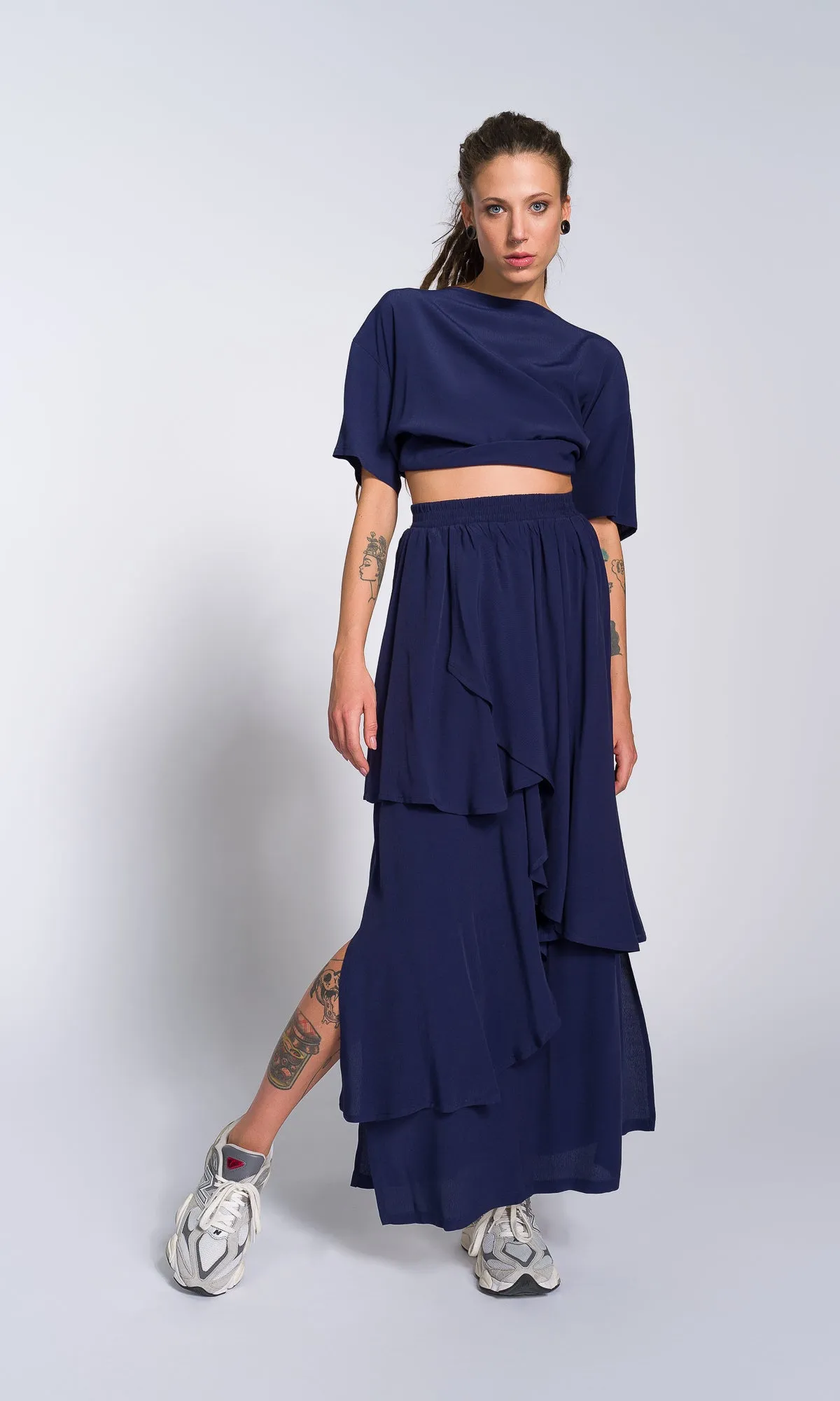 Two-piece Set of Layered Georgette Skirt and Loose Asymmetric T-Shirt