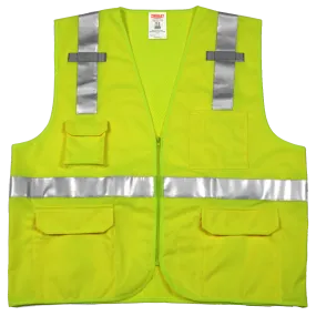 Type R Class 2 Surveyor Style Vest - Fluorescent Yellow-Green - Polyester Solid Front, Mesh Back - Zipper Closure - 2 Mic Tabs - 5 Exterior Pockets - 3 Interior Pockets - Silver Reflective Tape