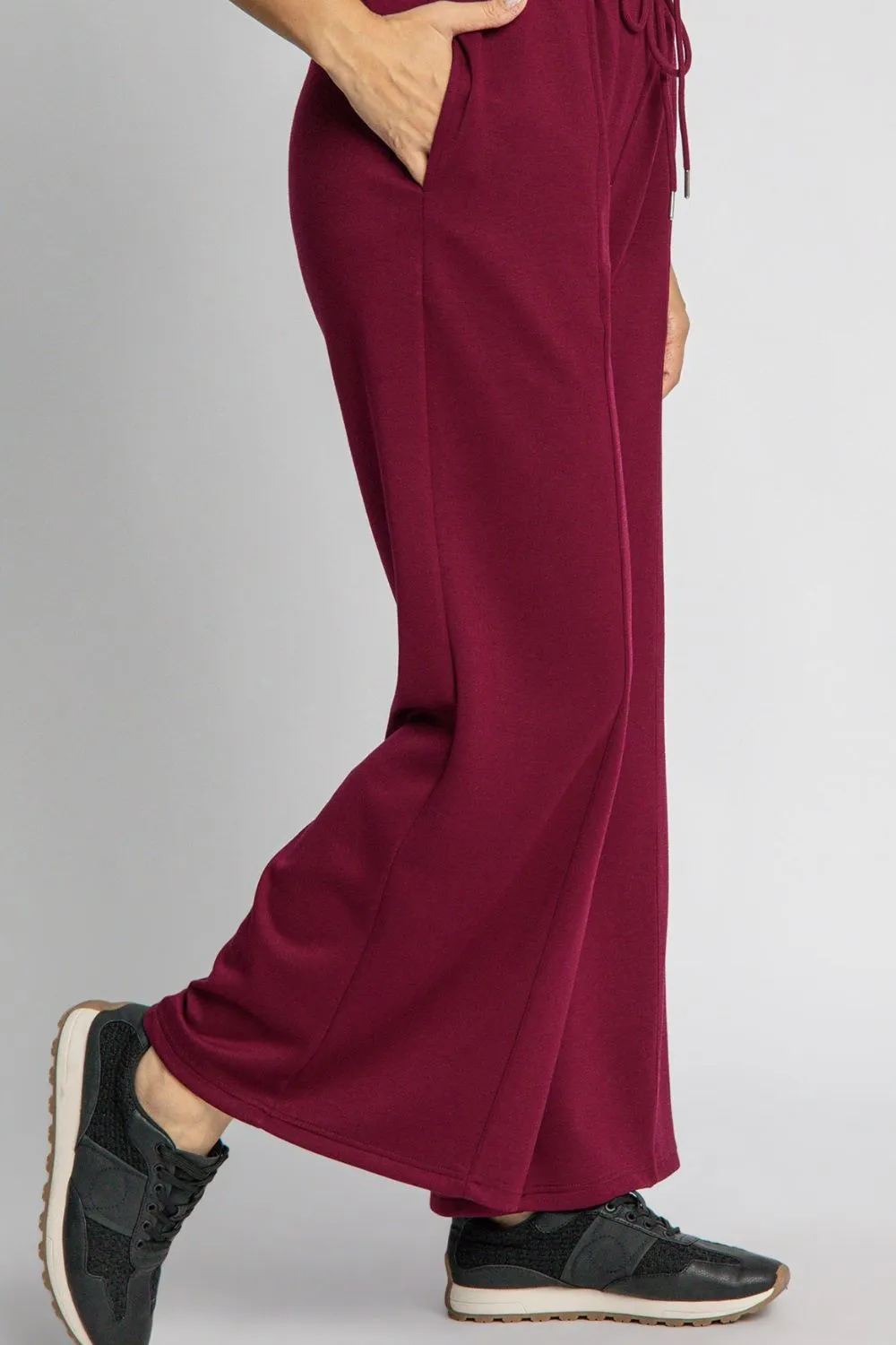 Umgee Merlot Wide Leg Women Pants Drawstring Waist with Pockets