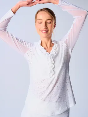 UPF 50  Ruffle V Neck Top In White Eyelet