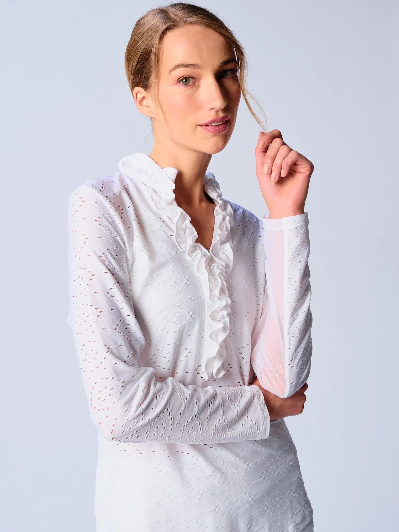 UPF 50  Ruffle V Neck Top In White Eyelet